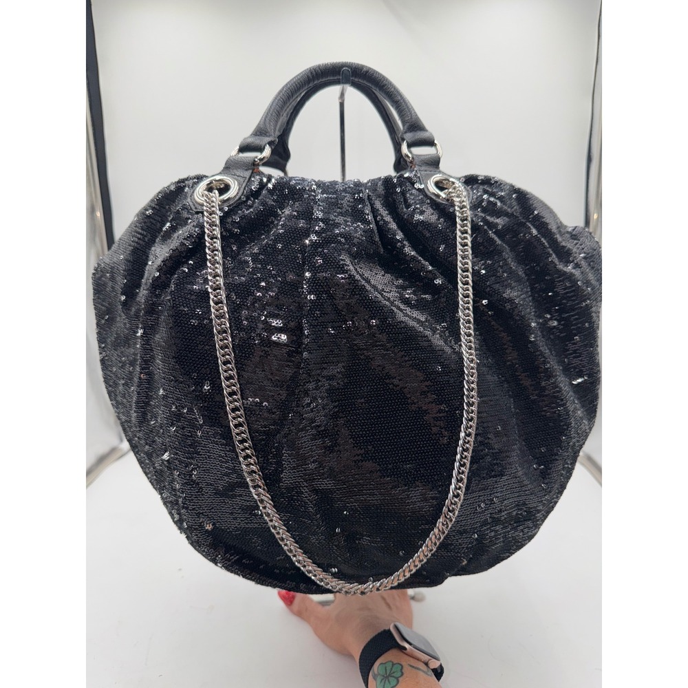 Oryany Black Sequin Hobo Bag Leather Trim Silver Chain Strap Tote wth Pouch